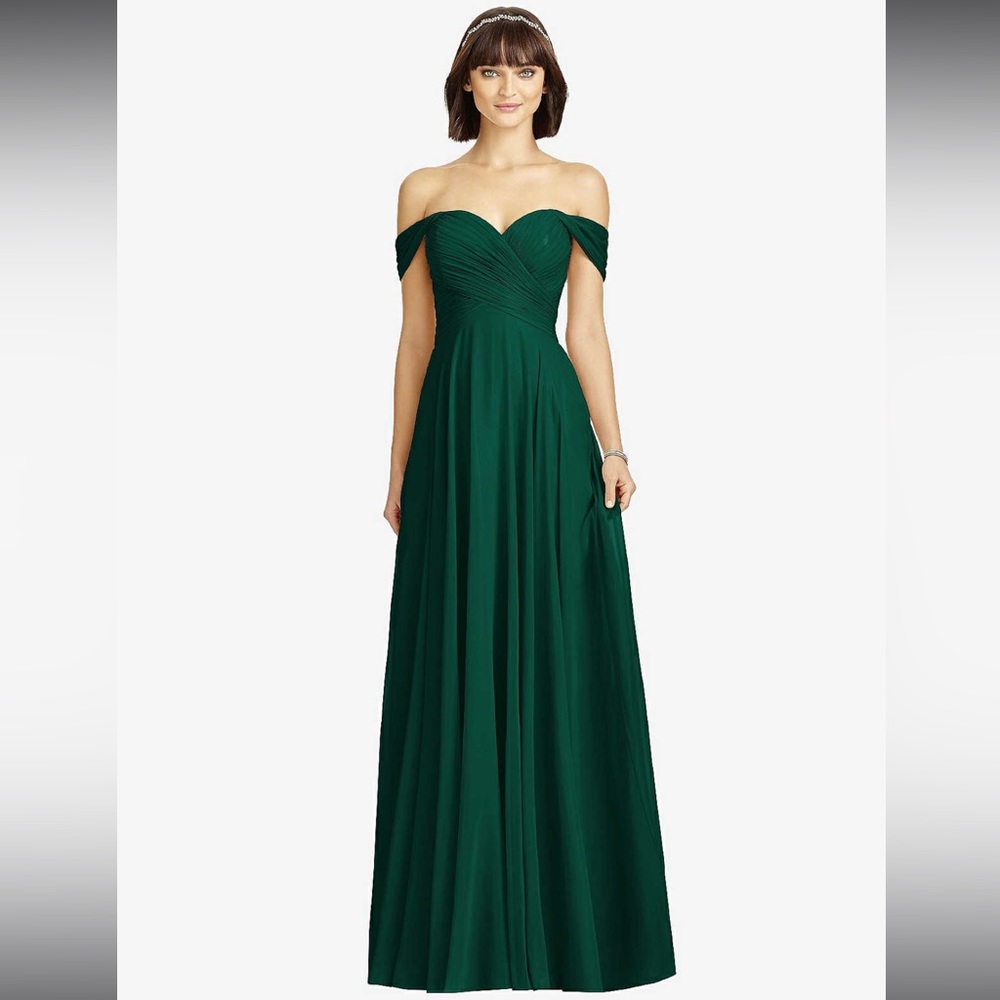 DESSY GROUP OFF-THE-SHOULDER DRAPED
CHIFFON MAXI DRESS IN HUNTER
GREEN